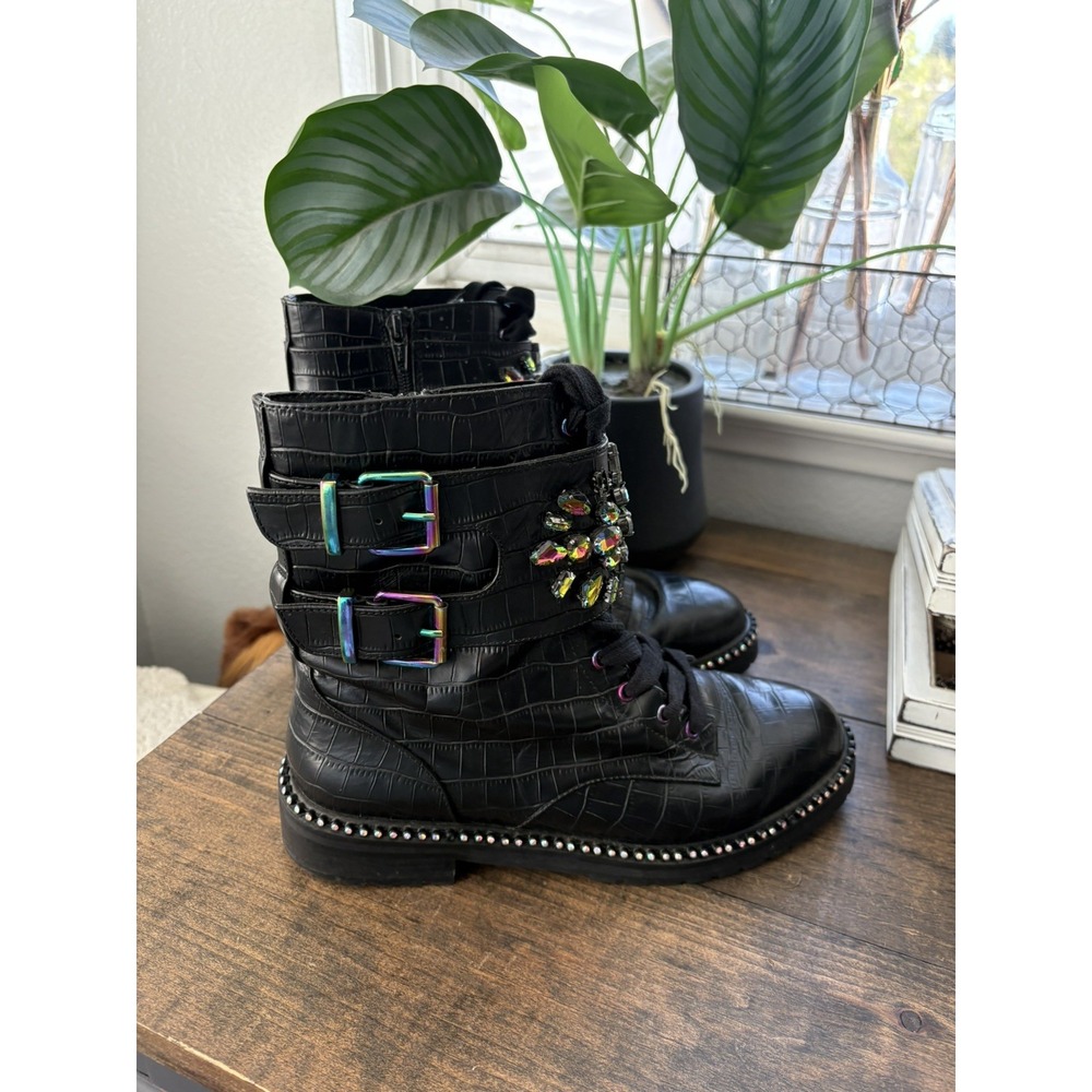 Kurt Geiger Womens Stoop Rainbow Crystal Combat Boots Size 37 US 6 Black Leather